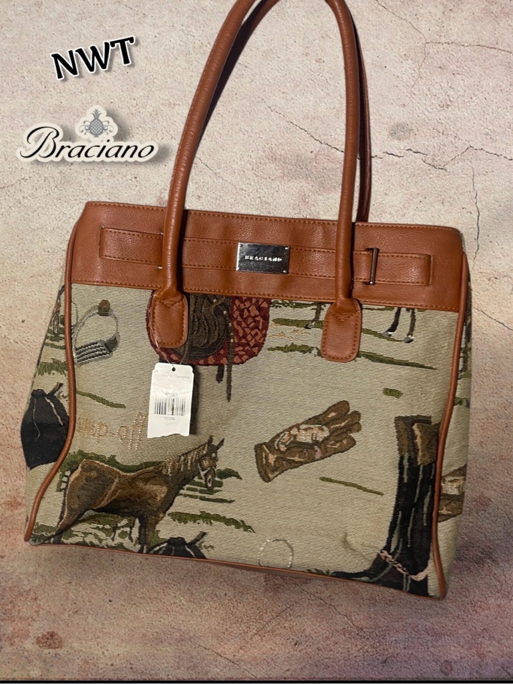 NWT Braciano Brown Leather-Trimmed Equestrian Tapestry Tote